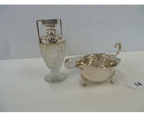 Scottish silver sauce boat - Edinburgh 1938 and silver mounted cut glass vase