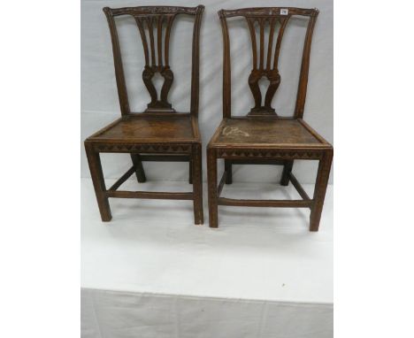 Pair oak panel-seated country Chippendale side chairs 