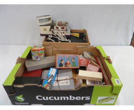 Vintage card games, wooden chess board, Scalextric track etc (2 boxes) 