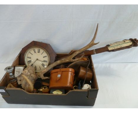 Stick barometer (A/F) brushes, antler, clock etc 