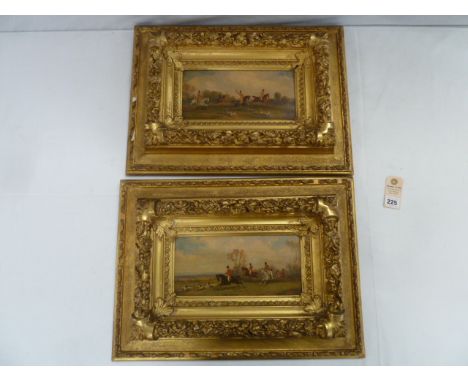 Victorian style pair oil on panel fox hunting scenes -bearing a signature R Stone in heavy gilt frames  