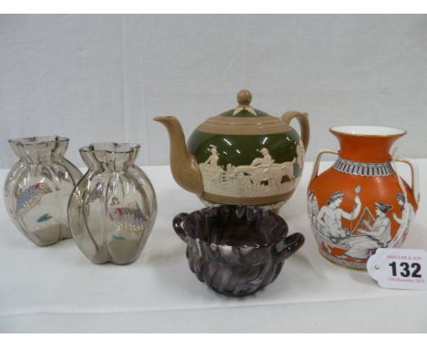 Copeland Spode glazed earthenware tea pot, Hill Pottery Grecian vase, pair Victorian lobed glass squat vases with enamelled f