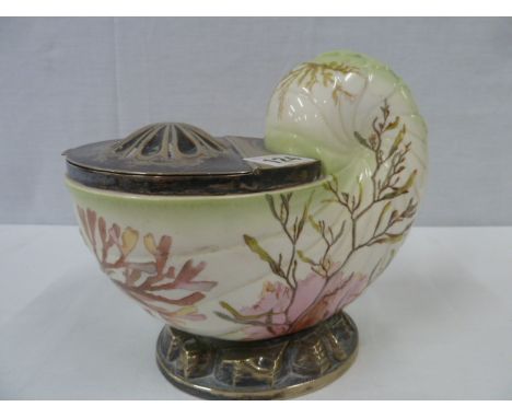 Victorian porcelain nautilus spoon warmer with silver plated cover and base- Mappin and Webb