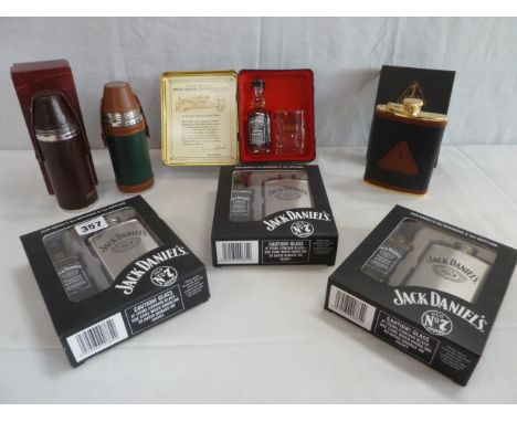 Leather bound flasks - W A Goold, Marlborough, Golf Tradition & Jack Daniels whiskey hip flask gift sets (7)