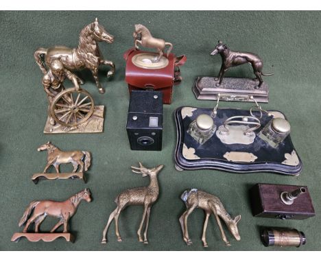 Carl Zeiss case binoculars, quantity of brassware, boxed camera, ebonised desk stand, miniature marine telescope, dog statue 