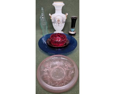 Quantity of coloured glassware Inc. Whitefriars style ruby coloured ashtray, gilded two handled vase, bowls, etc
all used unc