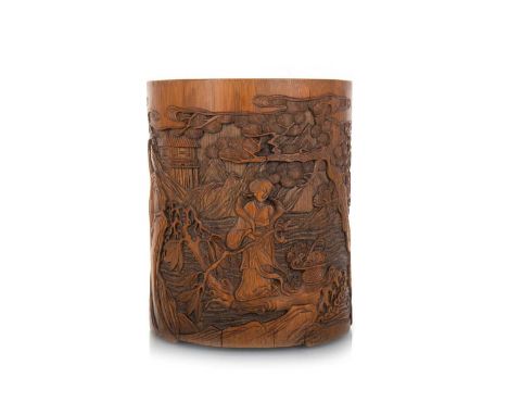 CHINESE BAMBOO BRUSH POT (BITONG) CIRCA EARLY-MID 20TH CENTURY well carved in low relief with Guanyin in shanshui mountain la