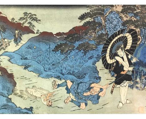JAPANESE UKIYO-E WOODBLOCK PRINT BY KUNISADA MEIJI PERIOD depicting a scene from the Tales of Genji, signed, loose21.8cm x 34