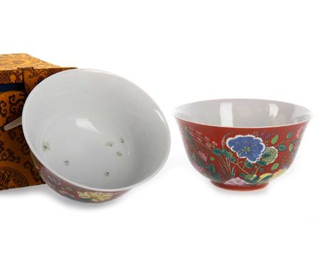 ATTRACTIVE PAIR OF CHINESE FALANGCAI 'LOTUS' BOWLS decorated in polychrome enamels with lotus sprays on a coral ground, both 