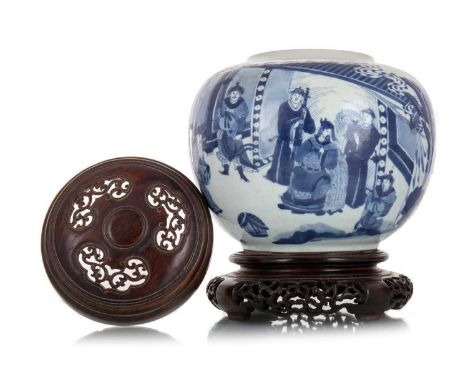 CHINESE BLUE AND WHITE JAR LIKELY KANGXI  the jar decorated with attendants around a central seated figure, also a figure on 