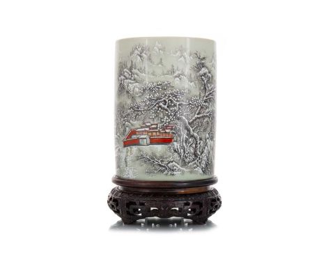 CHINESE CELADON BRUSH POT (BITONG) 20TH CENTURY decorated in the Republic style with a transferred and over-enamelled winter 