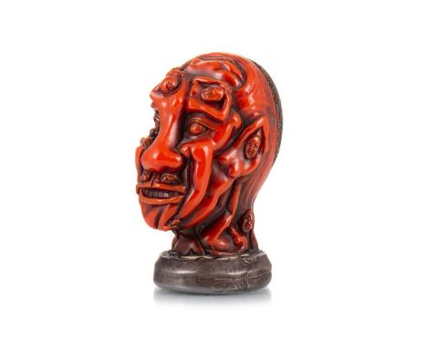 JAPANESE SHUNGA CARVED SEAL  coral toned but likely composite material, with metal mounts, that to the reverse with further b