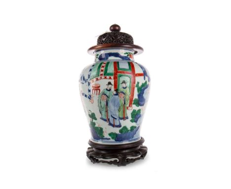 CHINESE WUCAI JAR 18TH/19TH CENTURY of baluster form, painted with a continuous scene of scholars, character marks to base, w