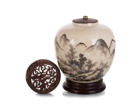 CHINESE LAMP BASE CONVERTED FROM A GINGER JAR 20TH CENTURY decorated en grisaille with a shanshui landscape, with pierced cov