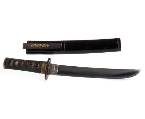 JAPANESE TANTO EDO PERIOD unsigned blade and silver habaki, the cloth bound same grip with minuki fittings, with shaped iron 