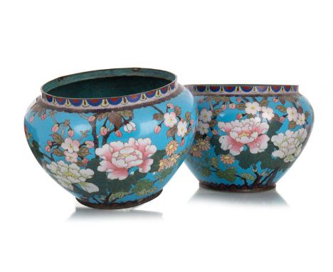 PAIR OF CHINESE CLOISONNE PLANTERS EARLY 20TH CENTURY decorated with peonies and cherry blossom, unmarked24cm diameter Qty: 2