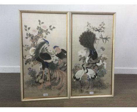 PAIR OF CHINESE WATERCOLOURS ON SILK depicting exotic birds amongst blossom, oval seal signature, framed and glazed75cm x 39c