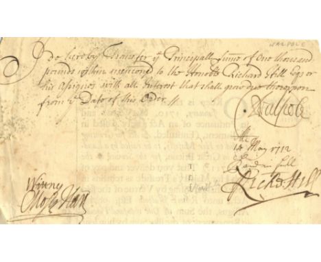 WALPOLE ROBERT: (1676-1745) British Prime Minister 1721-42. Portion of a D.S., R Walpole, one page, oblong 8vo, n.p. (London)