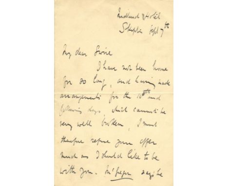 GRACE W. G.: (1848-1915) English Cricketer. A.L.S., W. G. Grace, two pages, 8vo, Midland Hotel, Skipton, 7th September n.y., 
