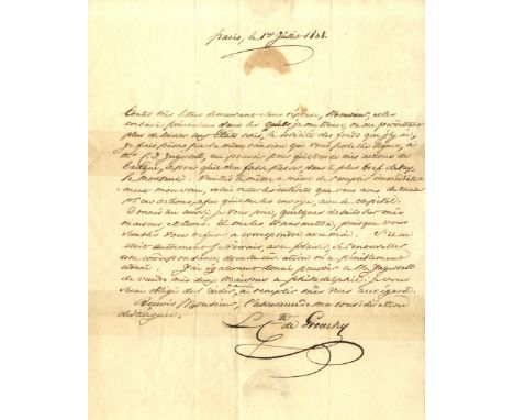 GROUCHY EMMANUEL MARQUIS DE: (1766-1847) Marshal of France. A.L.S.,  Le Cte. De Grouchy, one page, 4to, Paris, 1st July 1828,