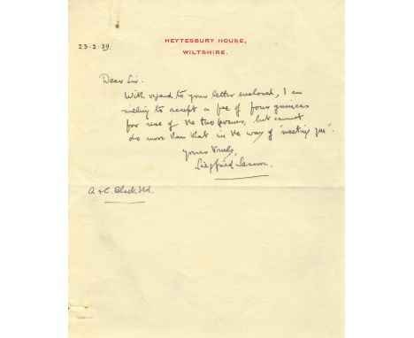 SASSOON SIEGFRIED: (1886-1967) English Poet. A.L.S., Siegfried Sassoon, one page, 8vo, Heytesbury House, Wiltshire, 23rd Febr