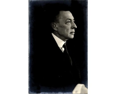RACHMANINOFF SERGEI: (1873-1943) Russian Composer & Pianist. Vintage signed and inscribed postcard photograph, the image show