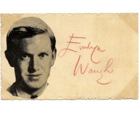 WAUGH EVELYN: (1903-1966) English Writer. Bold red signature ('Evelyn Waugh') in indelible pencil on a card. A newspaper port