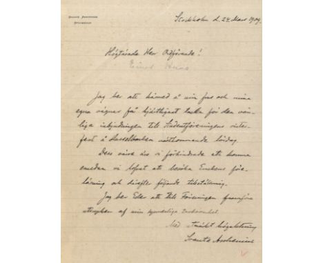 ARRHENIUS SVANTE: (1859-1927) Swedish Scientist, Nobel Prize winner for Chemistry, 1903. A.L.S., Svante Arrhenius, one page, 