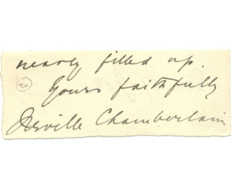 CHAMBERLAIN NEVILLE: (1869-1940) British Prime Minister 1937-40. Fountain pen ink signature ('Neville Chamberlain') and five 
