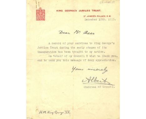 GEORGE VI: (1895-1952) King of the United Kingdom 1936-52. T.L.S., Albert, as Duke of York, with holograph salutation and sub