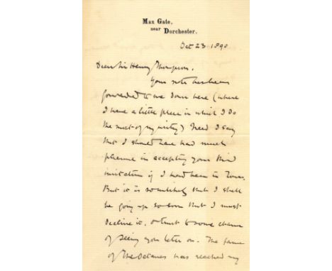 On Tess of the D’Urbervilles HARDY THOMAS: (1840-1928) English Novelist. A fine A.L.S., Thomas Hardy, two pages, 8vo, Max Gat