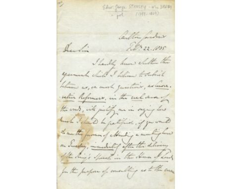 DERBY EARL OF: (1799-1869) British Prime Minister 1852, 1858-59, 1866-68. A.L.S., Stanley, two pages, 8vo, Carlton Gardens, 2