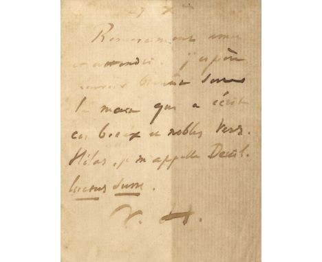 'Alas, I am called Mourning…’ HUGO VICTOR: (1802-1885) French Poet &amp; Novelist. A poignant A.L.S., with his initials V. H.