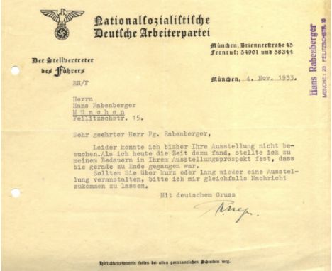 HESS RUDOLF: (1894-1987) German Reichsminister, Adolf Hitler's Deputy in the Nazi Party. T.L.S., R. Hess, one page, oblong 4t