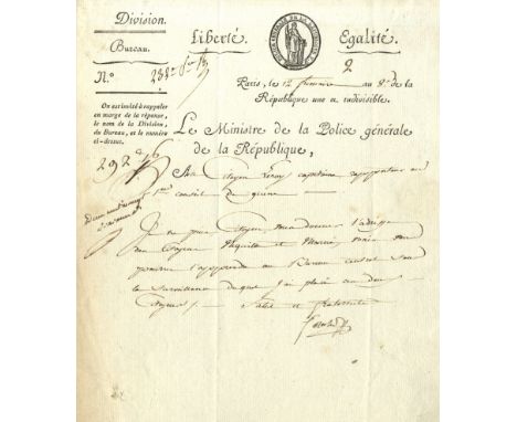 FOUCHE JOSEPH: (1759-1820) French Statesman, Minister of Police under Napoleon I, 1799-1810, 1815. L.S., Fouche, one page, 4t