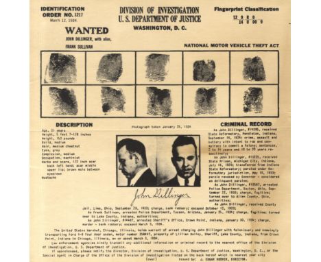 [DILLINGER JOHN]: (1903-1934) American Bank Robber. An original printed small 4to Wanted poster (in the form of a folding mai