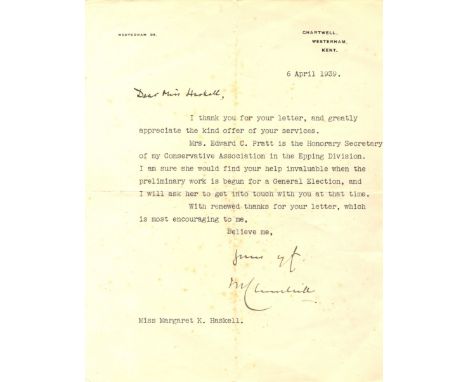 CHURCHILL WINSTON S.: (1874-1965) British Prime Minister 1940-45, 1951-55. Nobel Prize winner for Literature, 1953. T.L.S., W