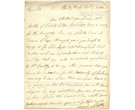 NORTH LORD: (1732-1792) British Prime Minister 1770-82. A.L.S., North, one page, 4to, Bushey Park, 4th September 1780, to [Ro