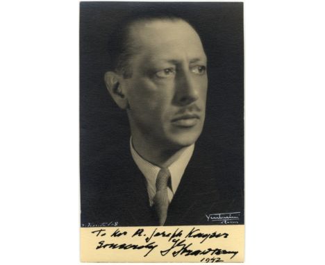 STRAVINSKY IGOR: (1882-1971) Russian Composer. A very fine vintage signed and inscribed postcard photograph of Stravinsky in 