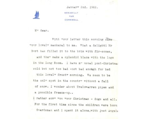 DU MAURIER DAPHNE: (1907-1989) British Author. T.L.S., Daphne, four pages, 8vo, Menabilly, Par, Cornwall, 2nd January 1962, t