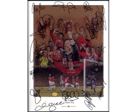 MANCHESTER UNITED: A colour 11.5 x 15.5 print entitled The Treble by artist Stephen Doig, the composite image issued to comme