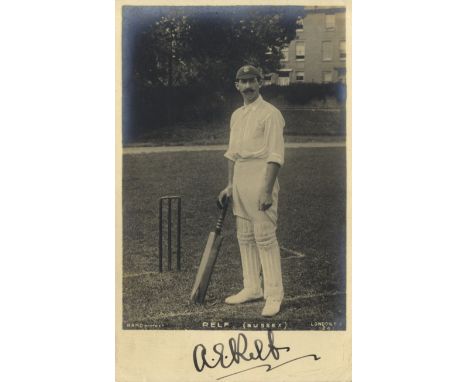 RELF ALBERT: (1874-1937) English Cricketer. Vintage signed postcard photograph of Relf standing in a full length pose at the 