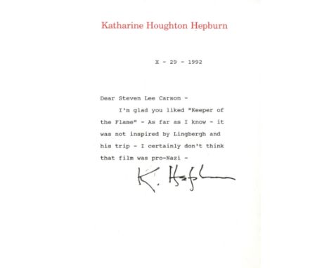 HEPBURN KATHARINE: (1907-2003) American Actress, Academy Award winner. T.L.S., K. Hepburn, one page, 8vo, n.p., 29th October 