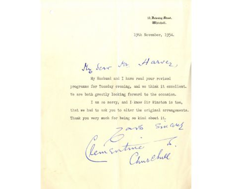 CHURCHILL CLEMENTINE S.: (1885-1977) Wife of Sir Winston S. Churchill. T.L.S., Clementine S. Churchill, with holograph saluta