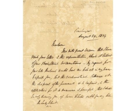 MELBOURNE VISCOUNT: (1779-1848) British Prime Minister 1834, 1835-41. A.L.S., Melbourne, two pages, 4to, Panshanger, 29th Aug
