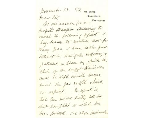 [BALLOONING]: An interesting A.L.S., W N Hutchinson General, two pages, 8vo, Eastbourne, 13th November 1889, to the Secretary