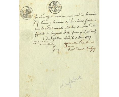 LEFEBVRE FRANCOIS JOSEPH: (1755-1820) Marshal of France. D.S., Le Mal. Duc de Dantzig, one page, small 4to, Paris, 8th May 18