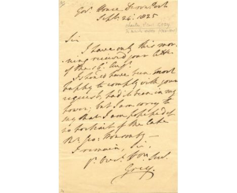 GREY EARL: (1764-1845) British Prime Minister 1830-34. A.L.S., Grey, one page, 8vo, Government House, Devonport, 24th Septemb