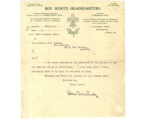 BADEN-POWELL ROBERT: (1857-1941) British Lieutenant General, founder of the Scout movement. T.L.S., Robert Baden Powell, one 