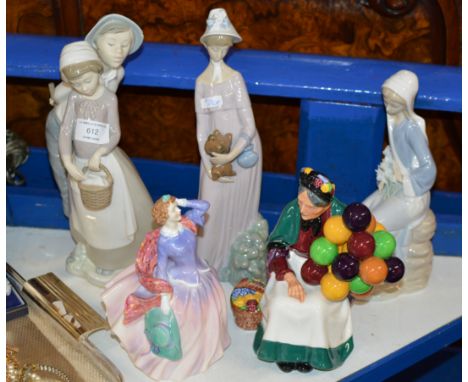 2 LLADRO FIGURINE ORNAMENTS, NAO FIGURINE ORNAMENT &amp; 2 ROYAL DOULTON FIGURINES      